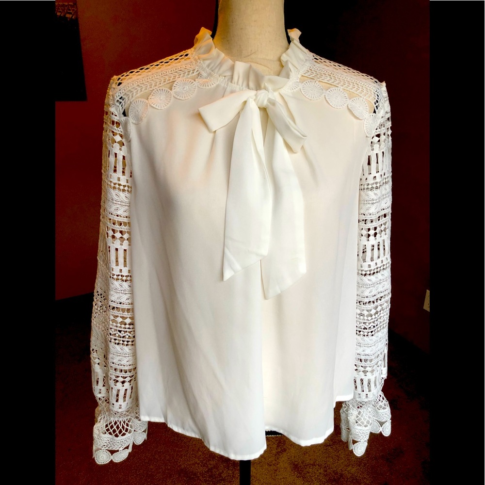 Floerns bow tie mock neck ruffle sleeve blouse